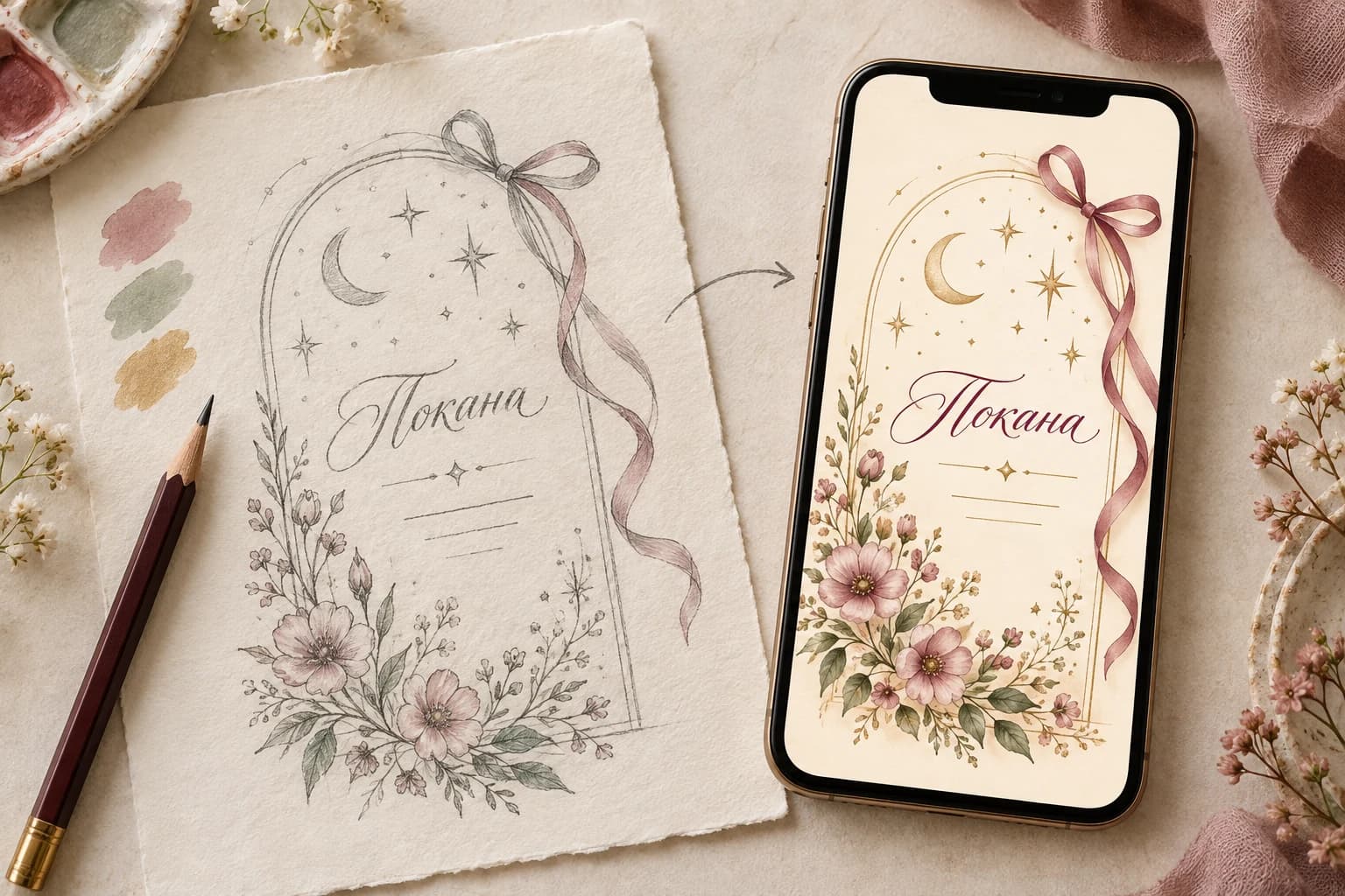Примерна скица и дигитална покана, изработена по същата идея