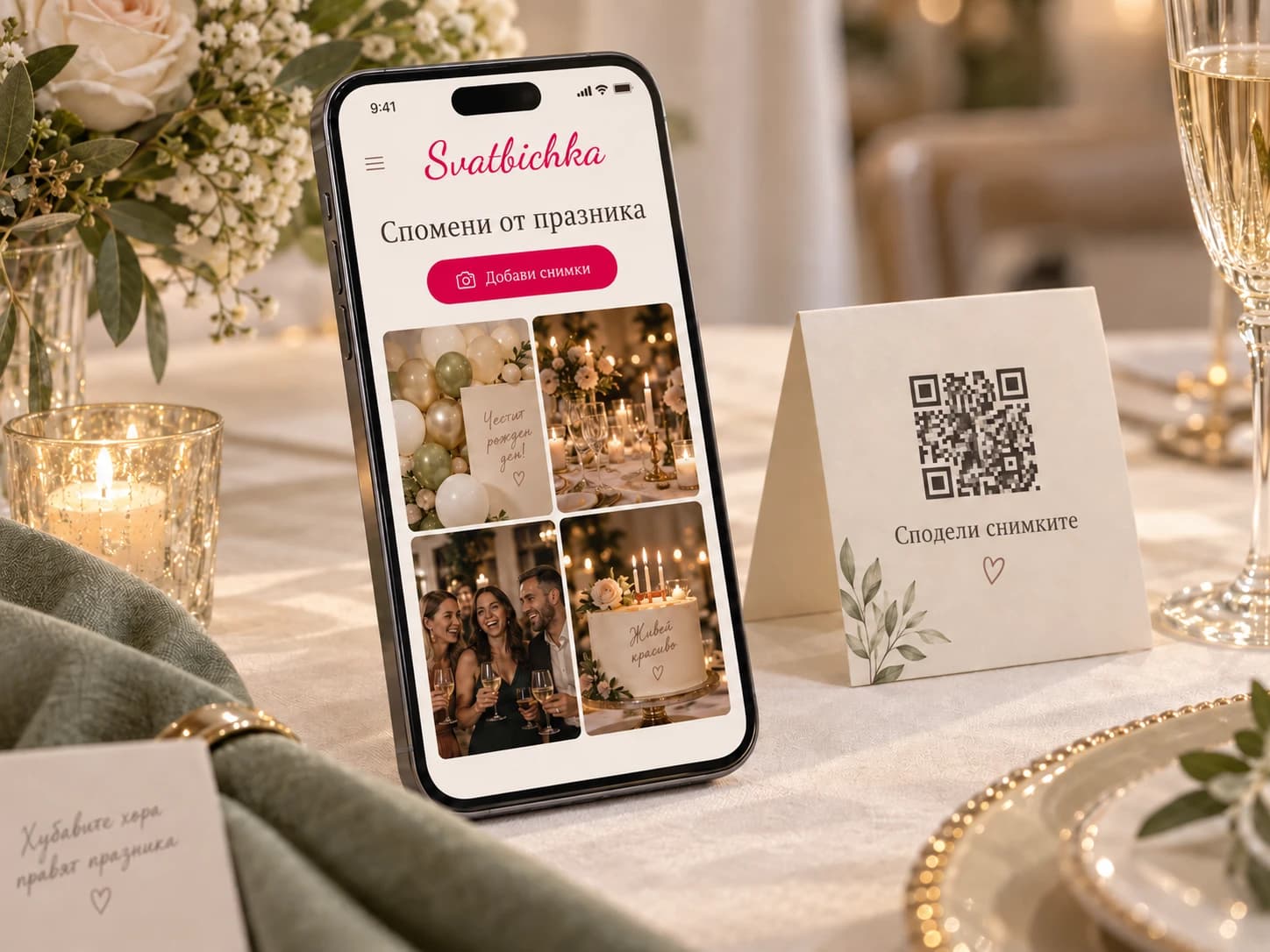 Примерна QR галерия със снимки върху телефон и QR картичка за маса